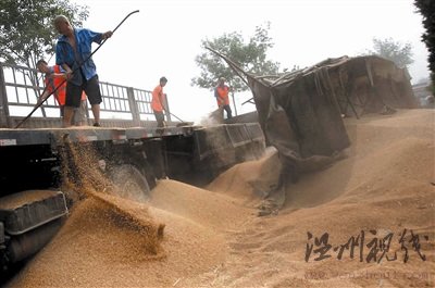 装有数十吨小麦大货车侧翻压扁夏利车2死3伤