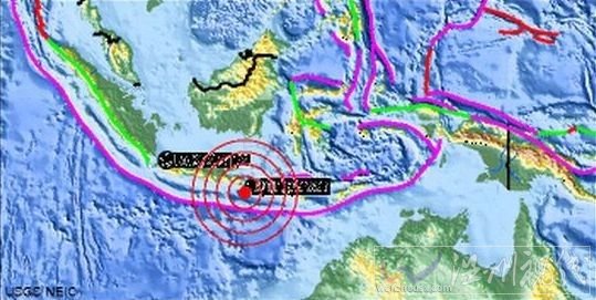 图片显示了巴厘岛地震的震中。（图片来源：美国地质勘探局）