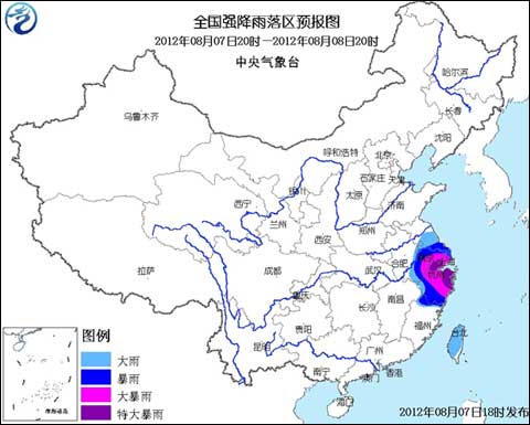 海葵将带来强降雨，今明天全国强强降雨区预报图
