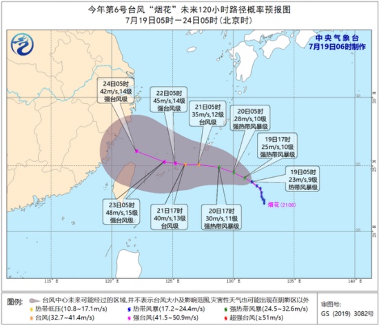 上海台风烟花最新消息，7月19日预报路径。